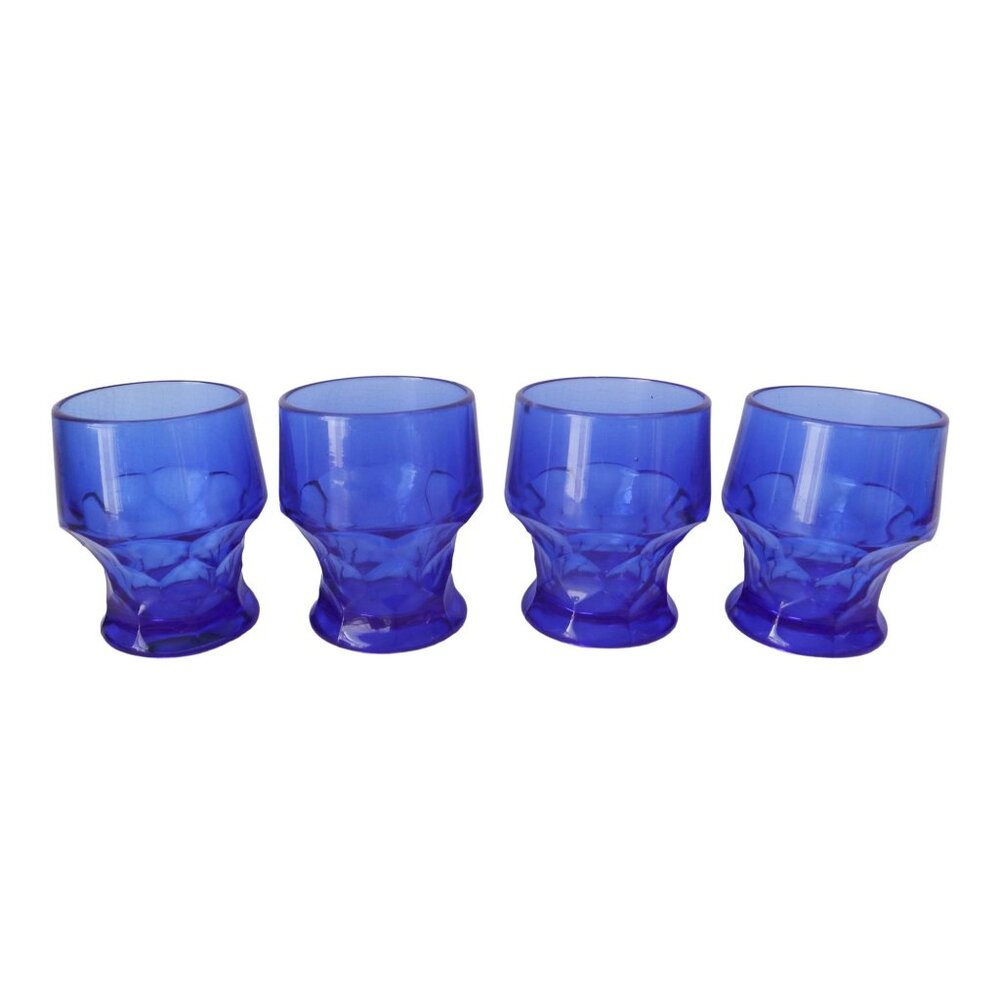 4 Vintage Viking Glass Georgian Hexagon Cobalt Blue Rocks Glasses